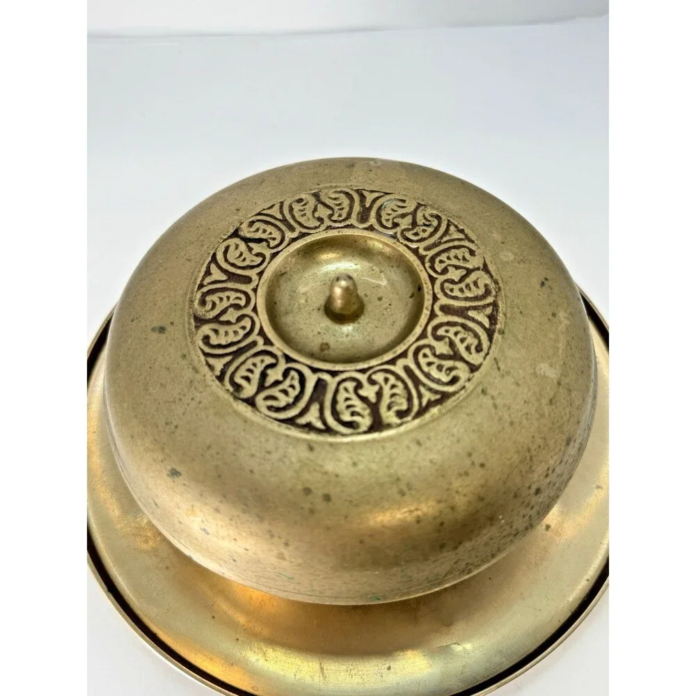 Vintage Ornate Brass Etched trinket Bowl dish With Lid And Round Tray plate